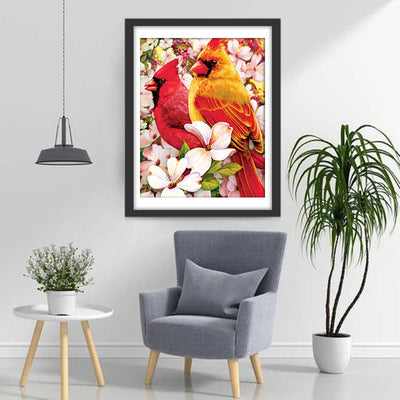 Rote Vögel und weiße Blumen Diamond Painting