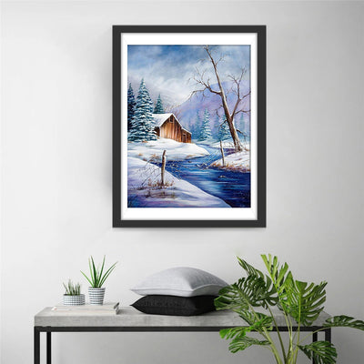 Schnee, Holzhütte und Bäume Diamond Painting