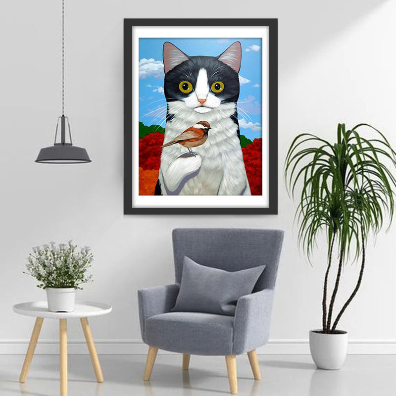 Schwarzweiße Katze und Vogel Diamond Painting