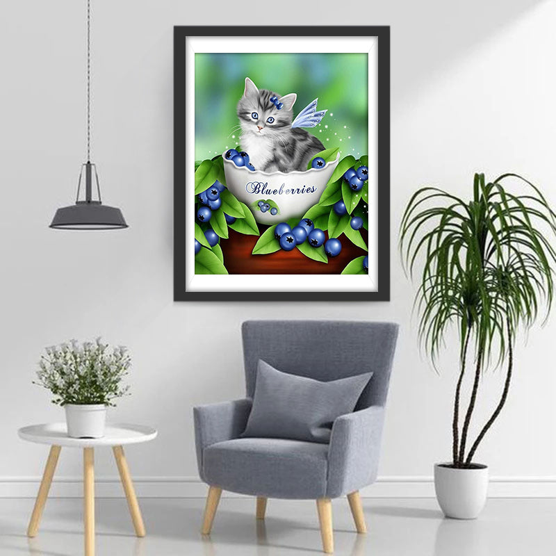 Katze und Beeren in der Tasse Diamond Painting