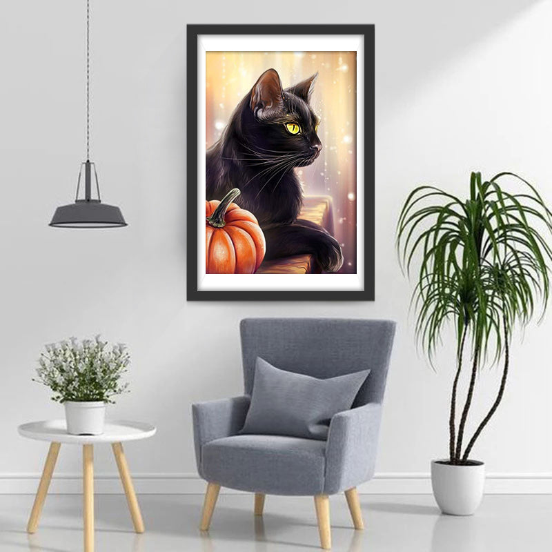 Schwarze Katze und Kürbis Diamond Painting