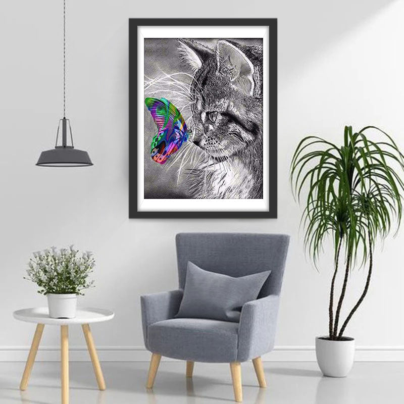 Graue Katze und bunter Schmetterling Diamond Painting