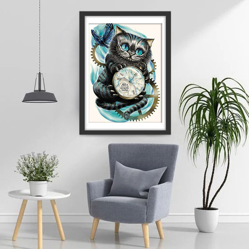 Schwarze Katze mit Uhr Diamond Painting