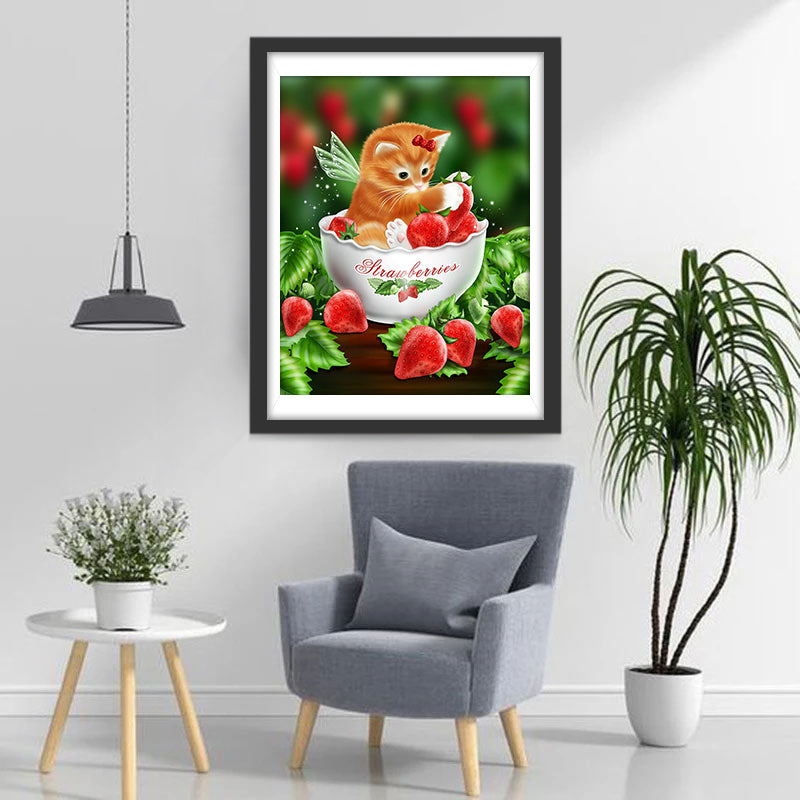 Katze und Erdbeeren in der Tasse Diamond Painting