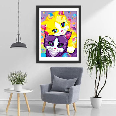 Lila Katze, gelbe Katze und Seifenblasen Diamond Painting