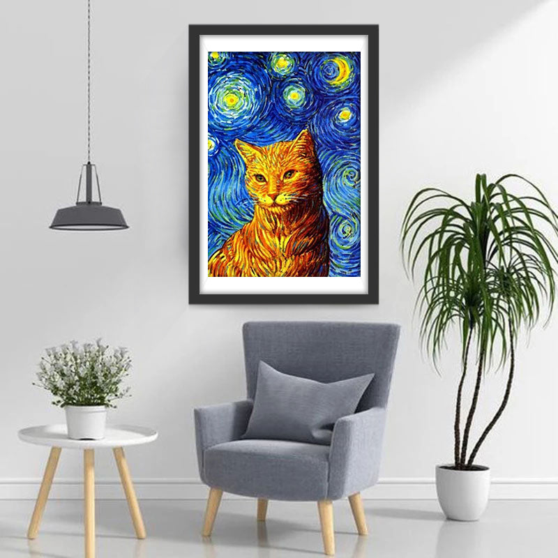 Orange Katze unter Sternenhimmel Diamond Painting