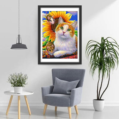 Katze, Mäuse und Sonnenblumen Diamond Painting