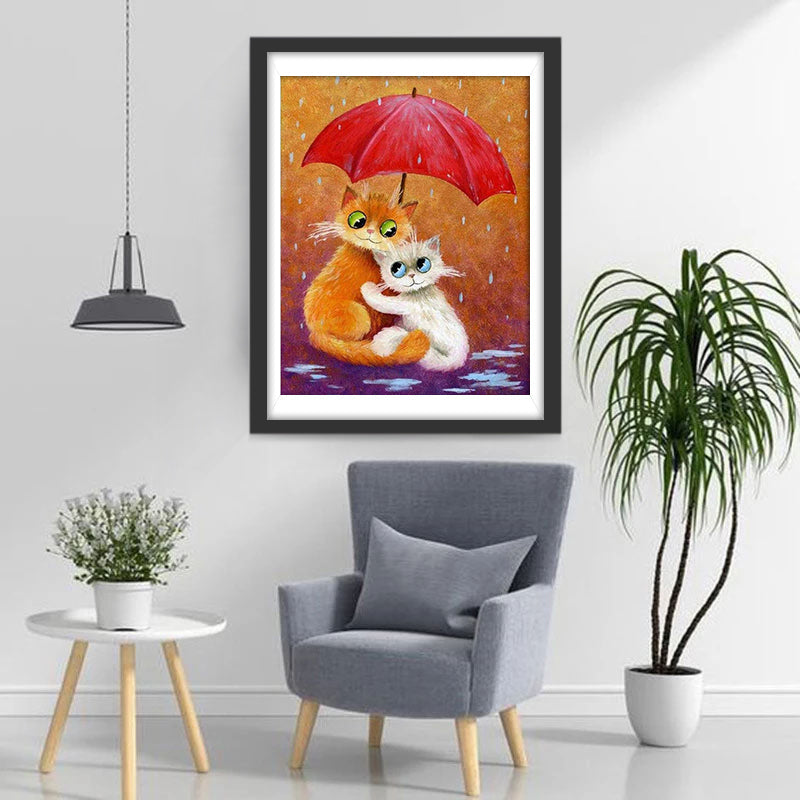 Katzen unter einem roten Regenschirm Diamond Painting