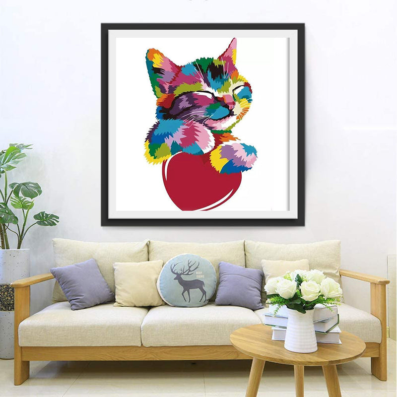 Bunte Katze und rotes Herz Diamond Painting