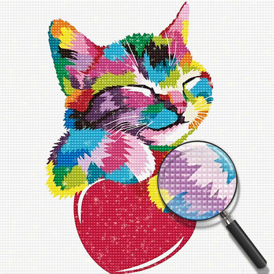 Bunte Katze und rotes Herz Diamond Painting