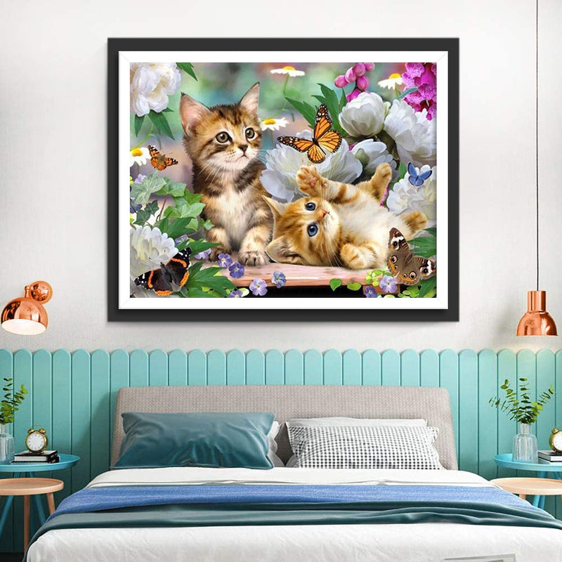 Katzen, Schmetterlinge und Blumen Diamond Painting