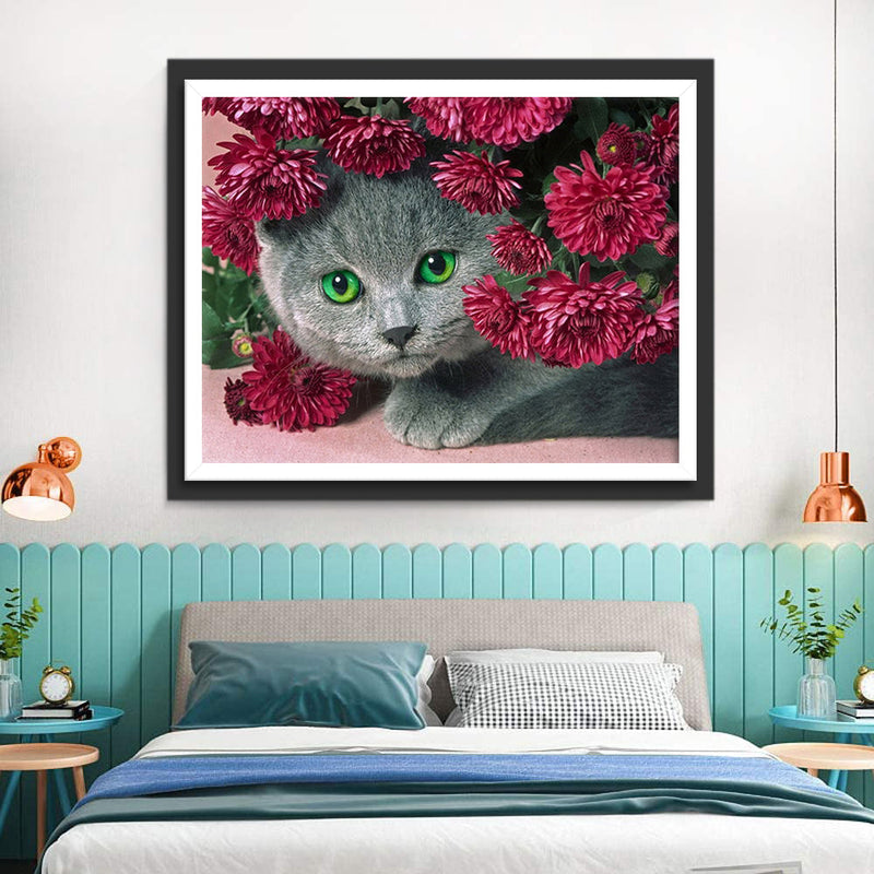 Graue Katze und rote Chrysantheme Diamond Painting