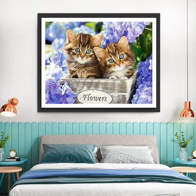 Zwei Katzen und blaue Hortensien Diamond Painting