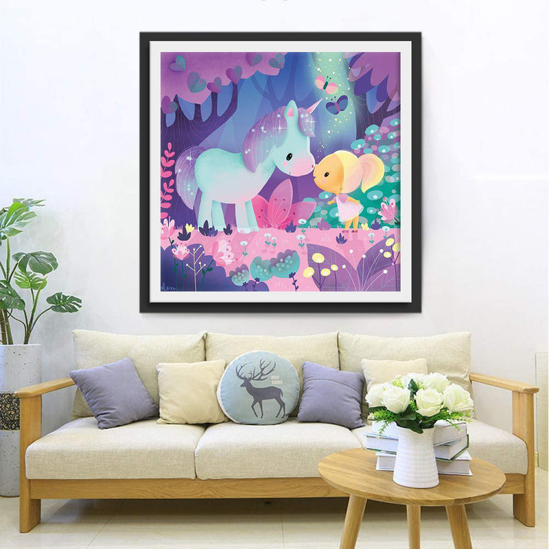 Einhorn und Mädchen im Wald Diamond Painting