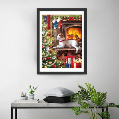 Hund, Weihnachtsbaum und Geschenke am Kamin Diamond Painting