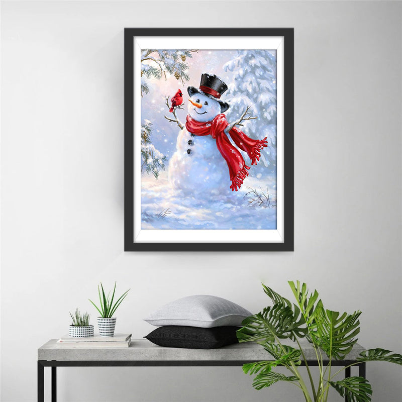 Schneemann mit rotem Schal im Schnee Diamond Painting