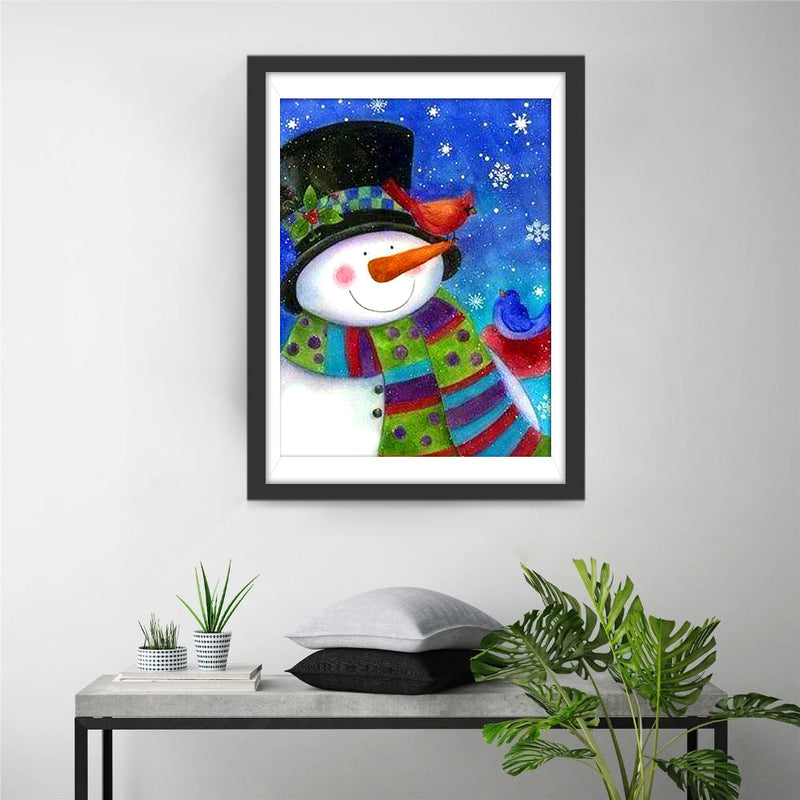 Schneemann mit Schal und Vögel Diamond Painting