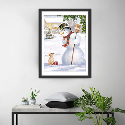 Weihnachtsschneemann mit Besen und Hund Diamond Painting