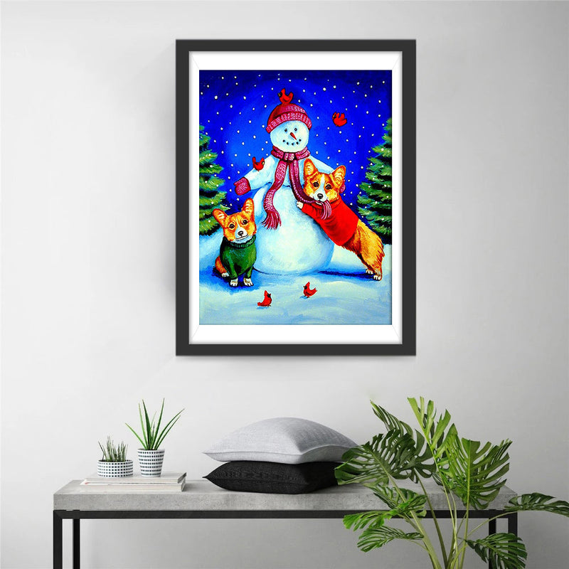 Schneemann und Hunde Diamond Painting