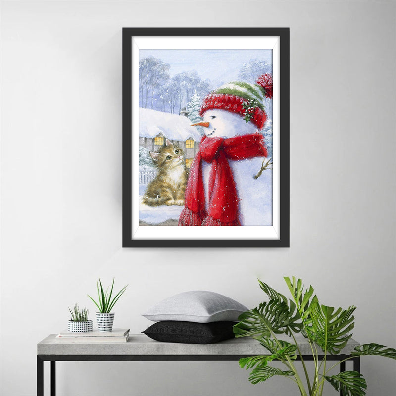 Schneemann und braune Katze Diamond Painting