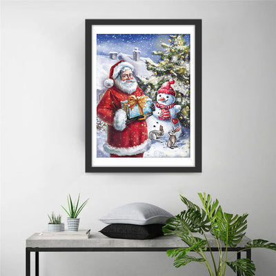 Weihnachtsmann mit Geschenk und Schneemann Diamond Painting