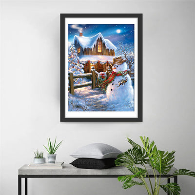 Weihnachtsschneemann vor der Hütte Diamond Painting