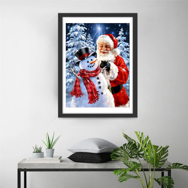 Weihnachtsmann und Schneemann im Wald Diamond Painting