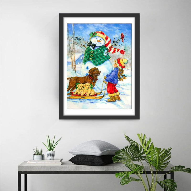 Kind Hunde Schneemann Diamond Painting