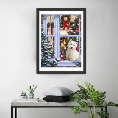 Hund vor dem Fenster des Weihnachtshauses Diamond Painting