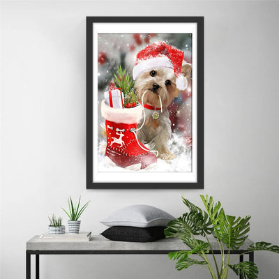 Hund mit Weihnachtsmütze und Weihnachtsstrumpf Diamond Painting