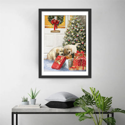 Geschenke und Hunde neben dem Weihnachtsbaum Diamond Painting