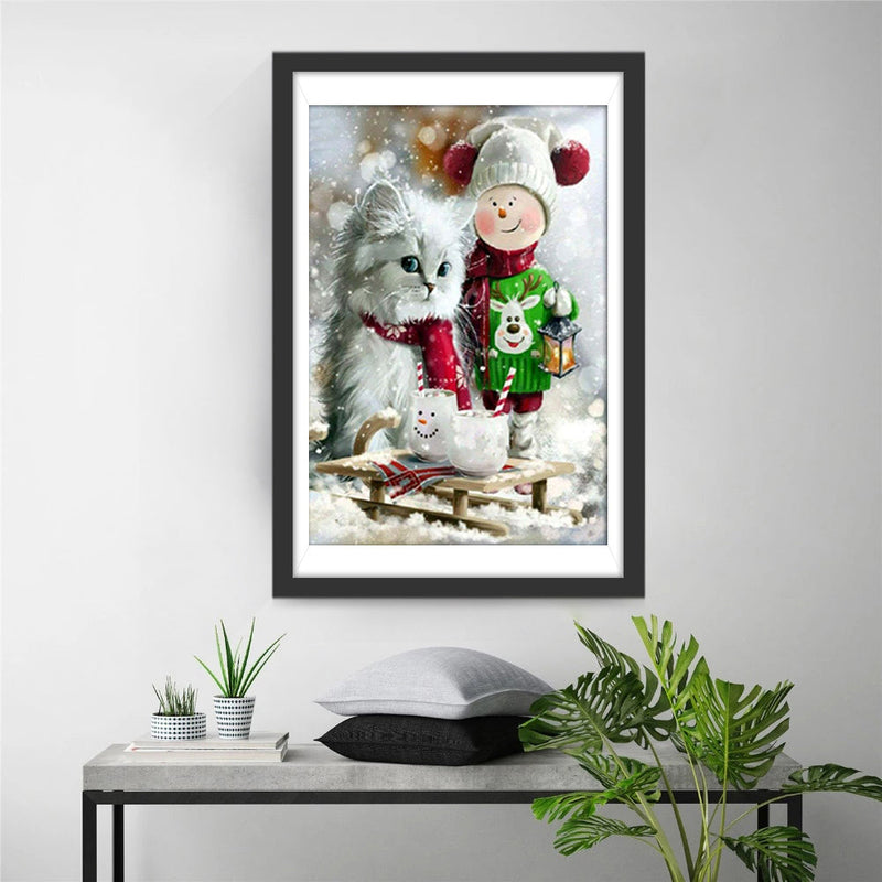 Katze und Weihnachtsschneemann Diamond Painting