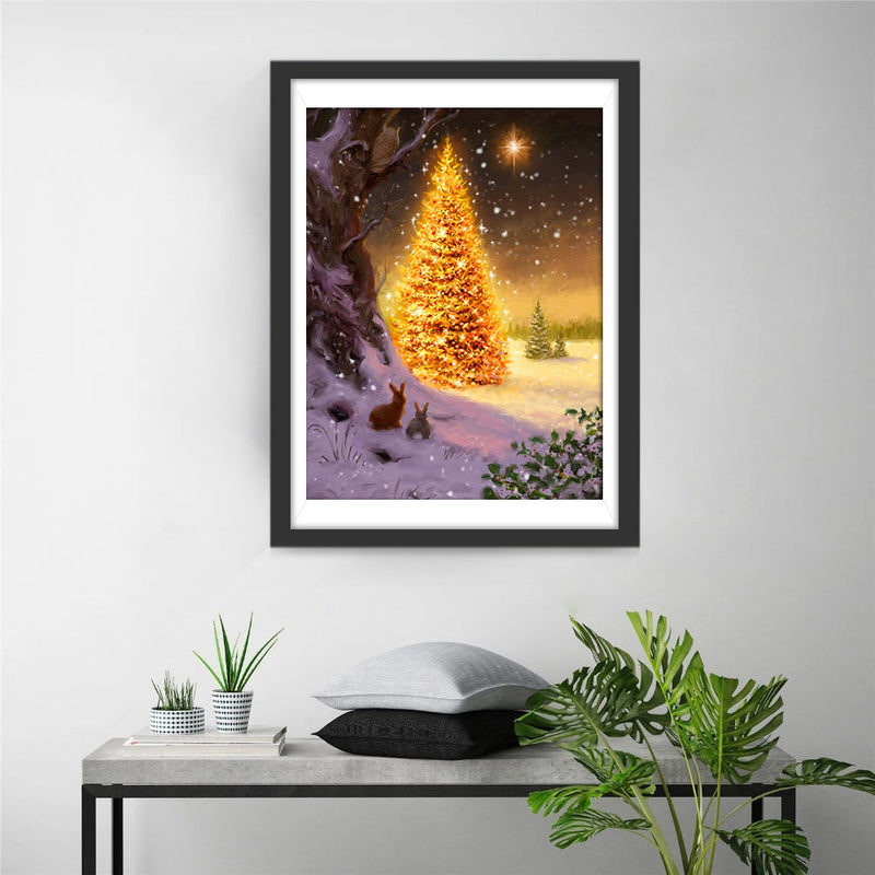 Goldener Weihnachtsbaum und Kaninchen Diamond Painting