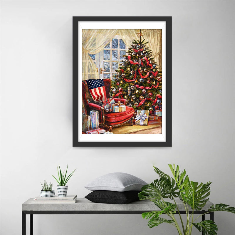 Weihnachtsbaum und Geschenke im Haus Diamond Painting