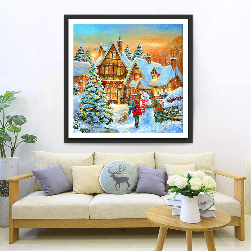 Kinder Schneemann Sonnenuntergang Diamond Painting