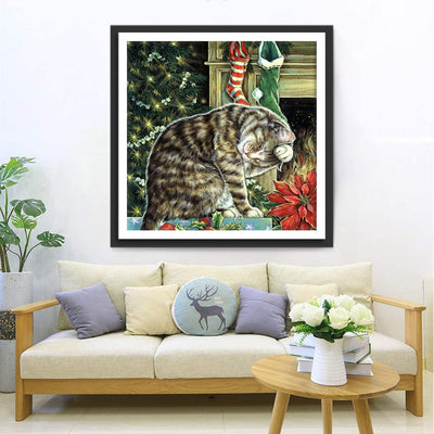 Katze auf dem Weihnachtsgeschenk Diamond Painting