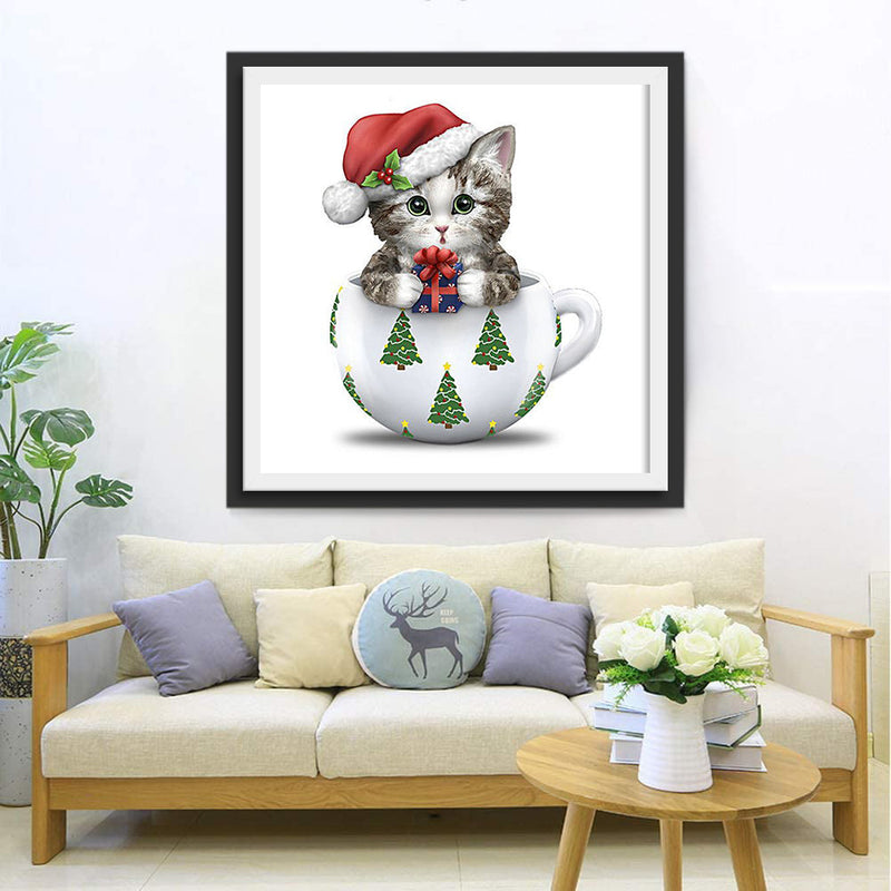 Katze mit Weihnachtsmütze in der Tasse Diamond Painting