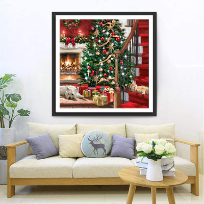 Weihnachtsbaum, Kamin, Katze und Hund Diamond Painting