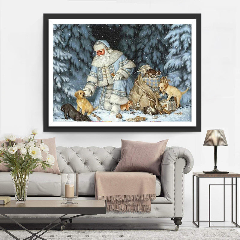 Weihnachtsmann und Hunde im Wald Diamond Painting