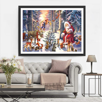 Weihnachtsmann und Tiere neben dem Weihnachtsbaum Diamond Painting