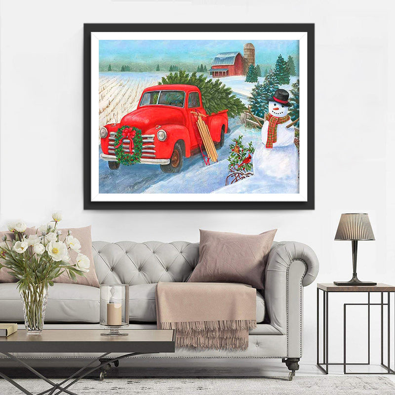 Rotes Auto, Weihnachtsbaum und Schneemann Diamond Painting