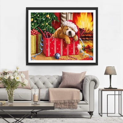 Hund und Weihnachtsbaum neben dem Kamin Diamond Painting