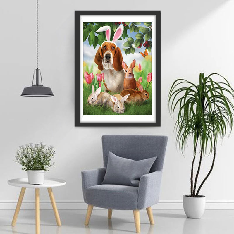 Hund und Kaninchen in den Tulpen Diamond Painting