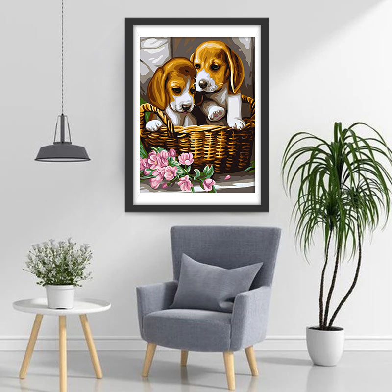 Hunde im Bambuskorb Diamond Painting