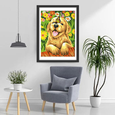 Golden Retriever und Schmetterling in den Blumen Diamond Painting