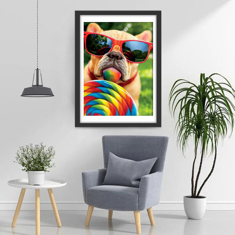 Lutscher essende Bulldogge mit Sonnenbrille Diamond Painting