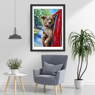 Hund im roten Wagen Diamond Painting