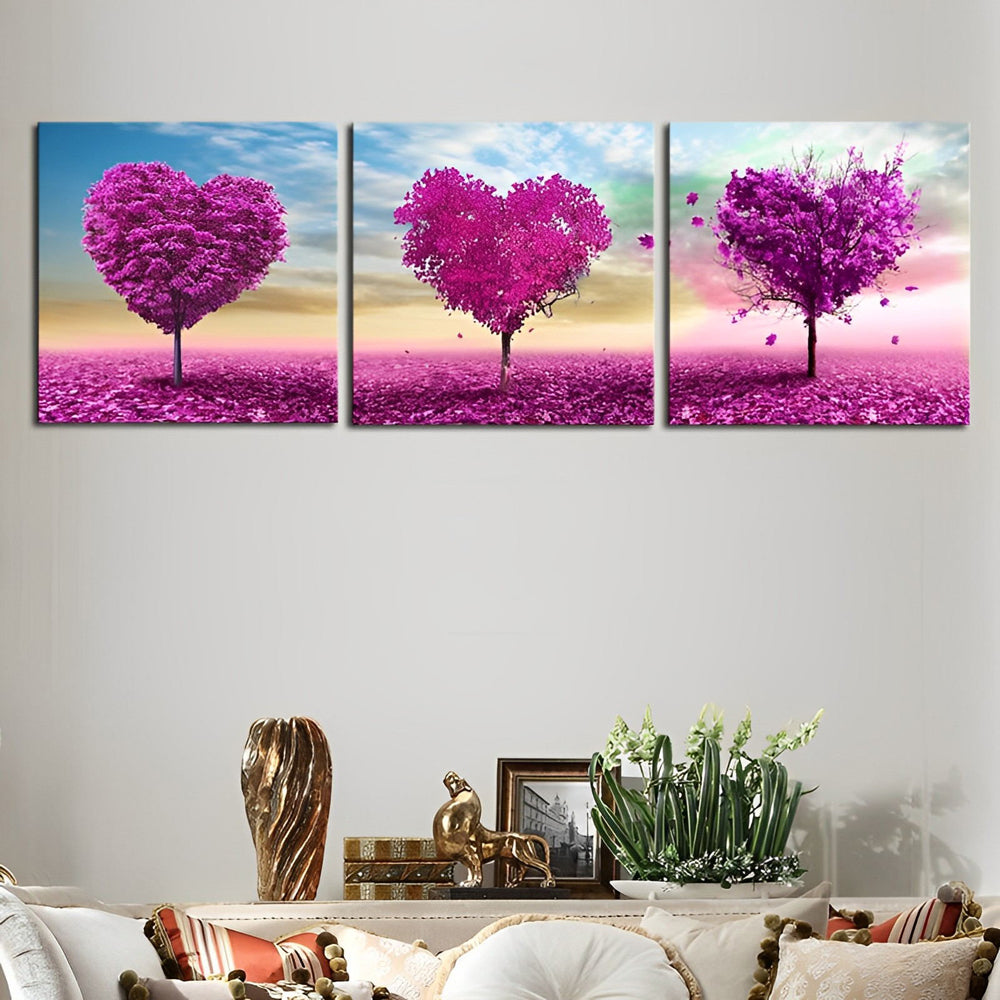 3 teilig Lila herzförmige Bäume Diamond Painting