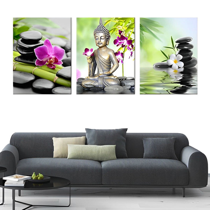 Buddhas Meditation am Wasser Diamond Painting 3 teilig