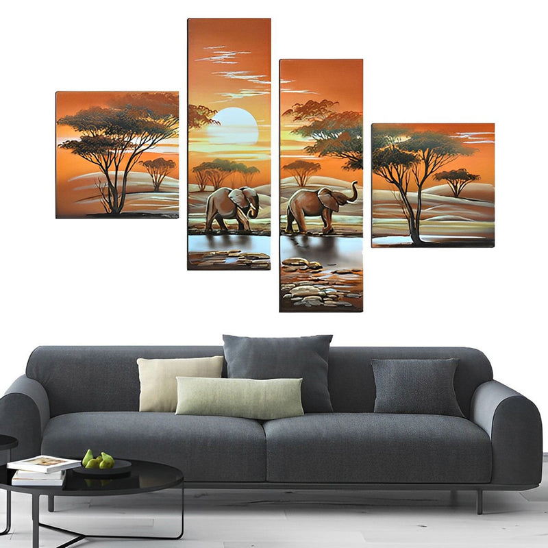 Elefanten unter der Abendsonne Diamond Painting 4 teilig